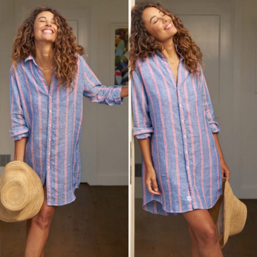 Frank & Eileen‎ Mary Classic Shirtdress Italian Linen Red Navy Stripe Size Large